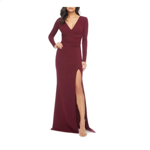 DRESS THE POPULATION Carmen Long Sleeve Slit Gown  - Picture 1 of 14